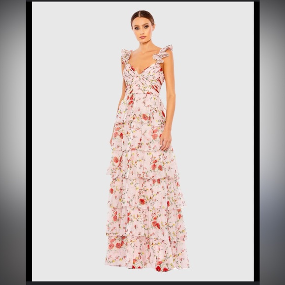 $458 MAC DUGGAL Ruffle Strap Pink Floral Chiffon Gown/Dress (size 4) - Picture 2 of 9